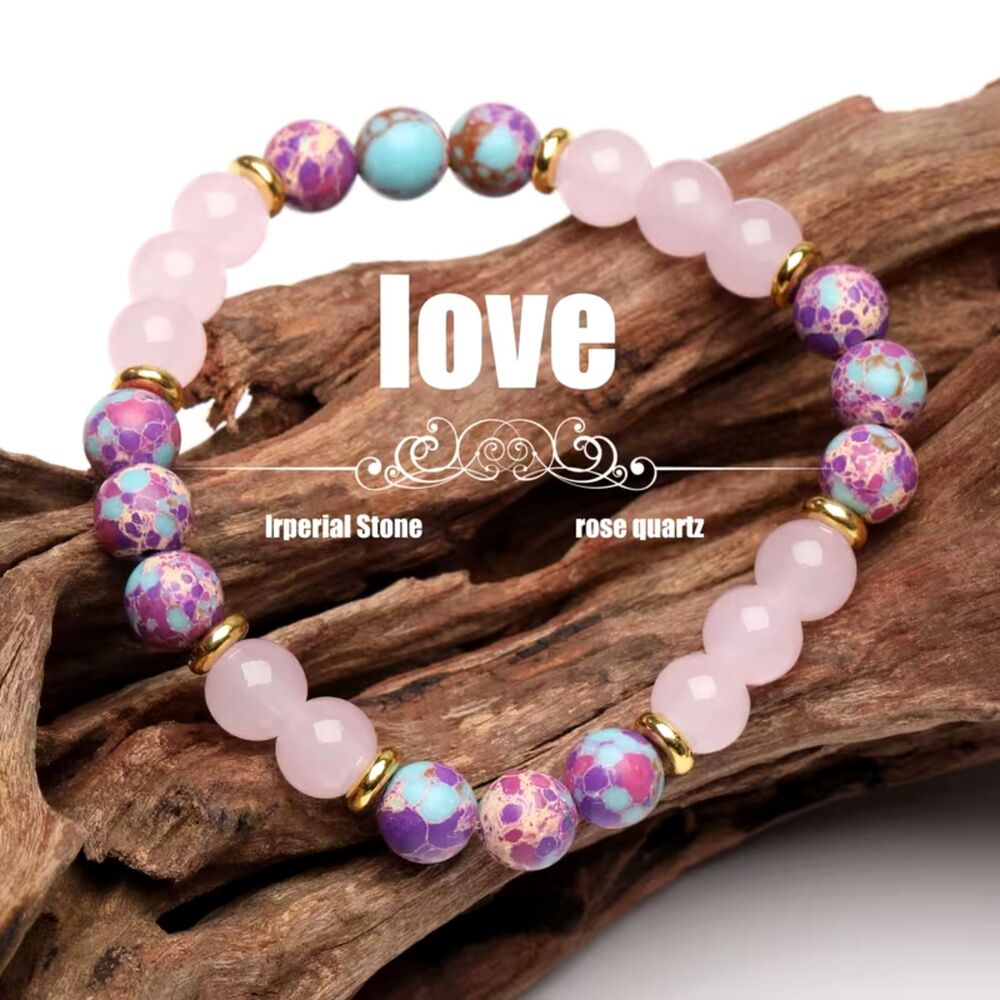 Imperial Stone Rose Quartz Beaded Bracelet Round Gemstne Crystal Stetch Boho New